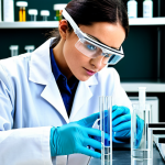 **

A professional female lab technologist in a modern, well-equipped laboratory setting. She is wearing a fully clothed, modest lab coat and safety goggles, carefully analyzing a sample with advanced equipment. The background includes various scientific instruments and glassware. Perfect anatomy, correct proportions, natural pose, well-formed hands, proper finger count, natural body proportions. Safe for work, appropriate content, fully clothed, professional.

**