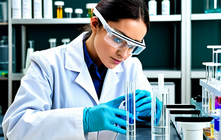 **
A professional female lab technologist in a modern, well-equipped laboratory setting. She is wearing a fully clothed, modest lab coat and safety goggles, carefully analyzing a sample with advanced equipment. The background includes various scientific instruments and glassware. Perfect anatomy, correct proportions, natural pose, well-formed hands, proper finger count, natural body proportions. Safe for work, appropriate content, fully clothed, professional.
**