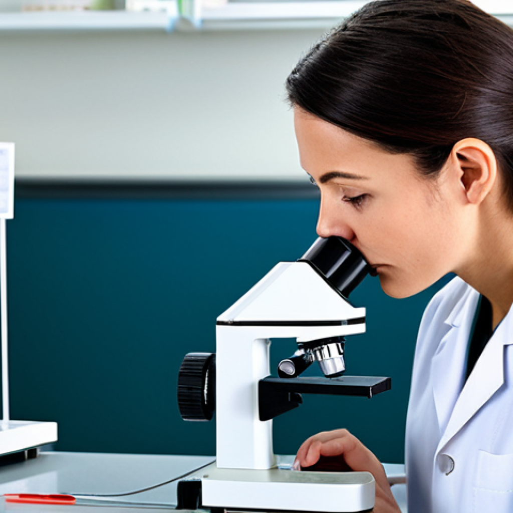 임상병리사와 환자 개인정보 보호 - A professional medical lab technician, fully clothed in appropriate lab attire, carefully examining ...