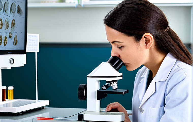 임상병리사와 환자 개인정보 보호 - A professional medical lab technician, fully clothed in appropriate lab attire, carefully examining ...