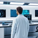 Home 10 임상병리사 국제 학회 참석 후기 - **A highly detailed, realistic image of a futuristic medical laboratory at dawn.** The lab is bathed...