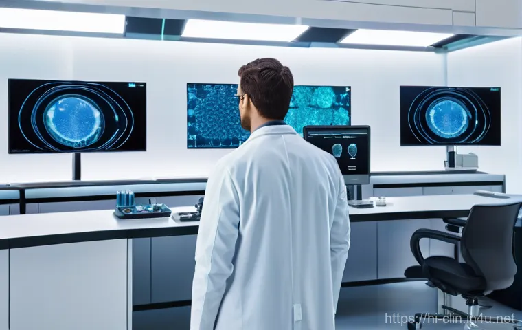 임상병리사 국제 학회 참석 후기 - **A highly detailed, realistic image of a futuristic medical laboratory at dawn.** The lab is bathed...