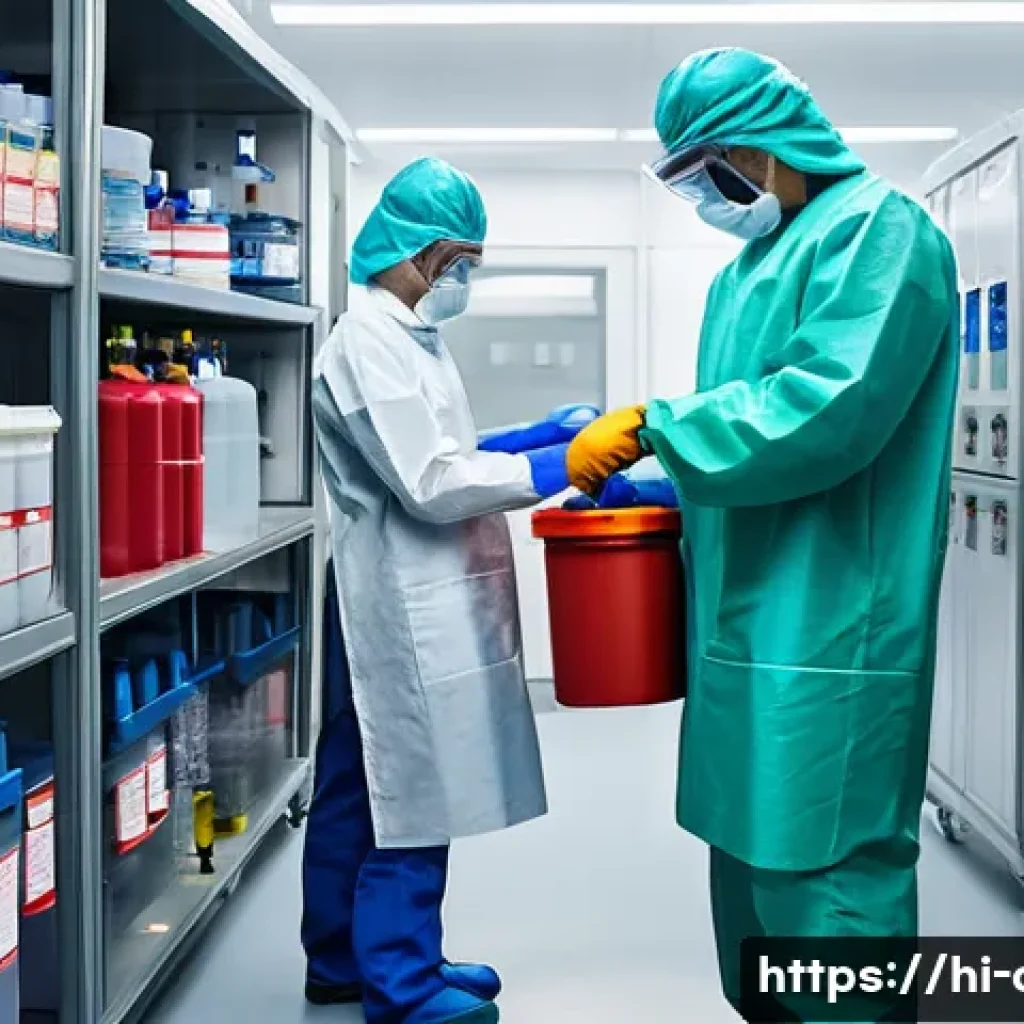 임상병리사 실험실 안전 수칙 - A detailed clinical laboratory scene showing a diverse group of lab technicians wearing full persona...