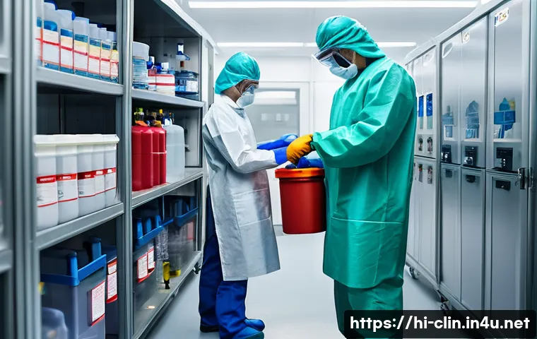 임상병리사 실험실 안전 수칙 - A detailed clinical laboratory scene showing a diverse group of lab technicians wearing full persona...