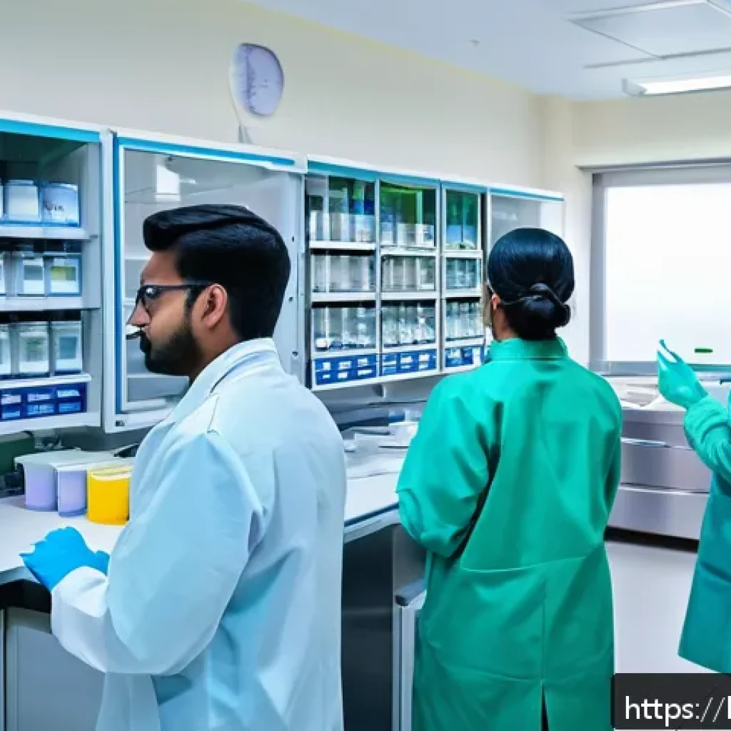 임상병리사 진로 멘토링 - A modern clinical pathology laboratory scene showing a diverse group of young Indian medical laborat...