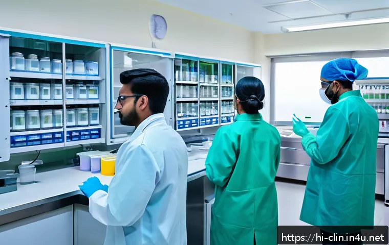 임상병리사 진로 멘토링 - A modern clinical pathology laboratory scene showing a diverse group of young Indian medical laborat...
