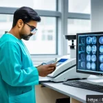 Home 19 임상병리사 해외 취업 가능성 - A modern clinical pathology laboratory scene in a European hospital, featuring a skilled Indian path...