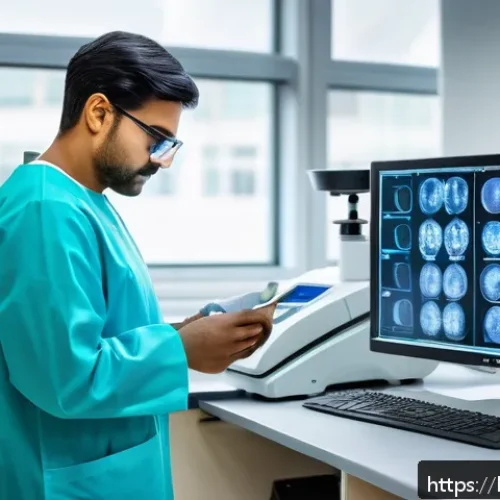 Home 31 임상병리사 해외 취업 가능성 - A modern clinical pathology laboratory scene in a European hospital, featuring a skilled Indian path...