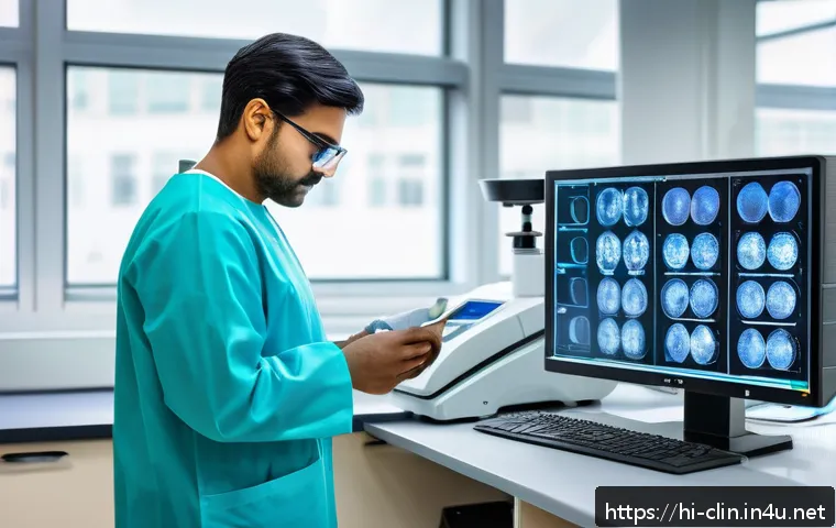 임상병리사 해외 취업 가능성 - A modern clinical pathology laboratory scene in a European hospital, featuring a skilled Indian path...