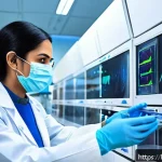 Home 18 임상병리사와 임상 시험의 역할 - A modern clinical diagnostic laboratory scene showing advanced medical devices and machines operated...