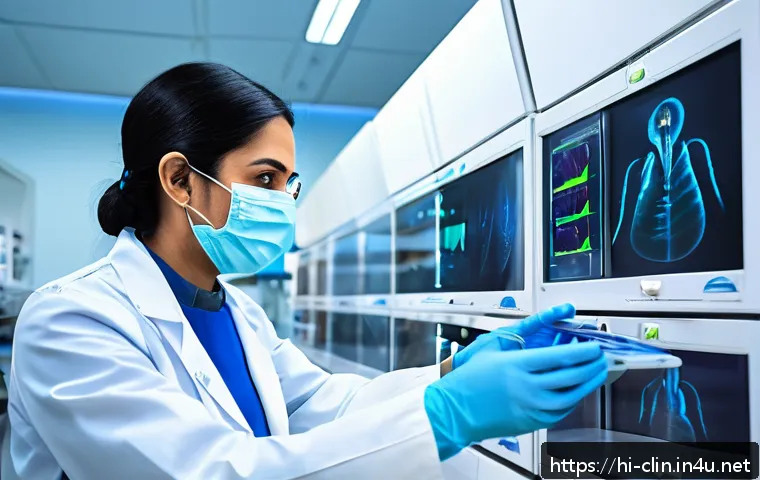 임상병리사와 임상 시험의 역할 - A modern clinical diagnostic laboratory scene showing advanced medical devices and machines operated...