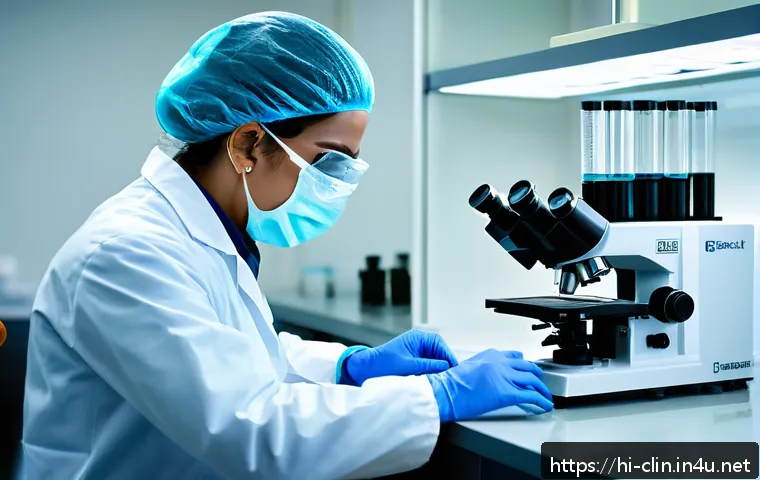 임상병리사 전문분야 선택 기준 - A highly detailed laboratory scene featuring a clinical pathologist wearing professional lab attire ...
