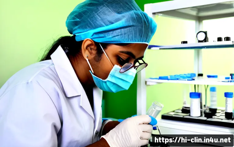 임상병리 실무 팁과 노하우 - Photorealistic clinical pathology laboratory scene in India, an experienced Indian laboratory techno...